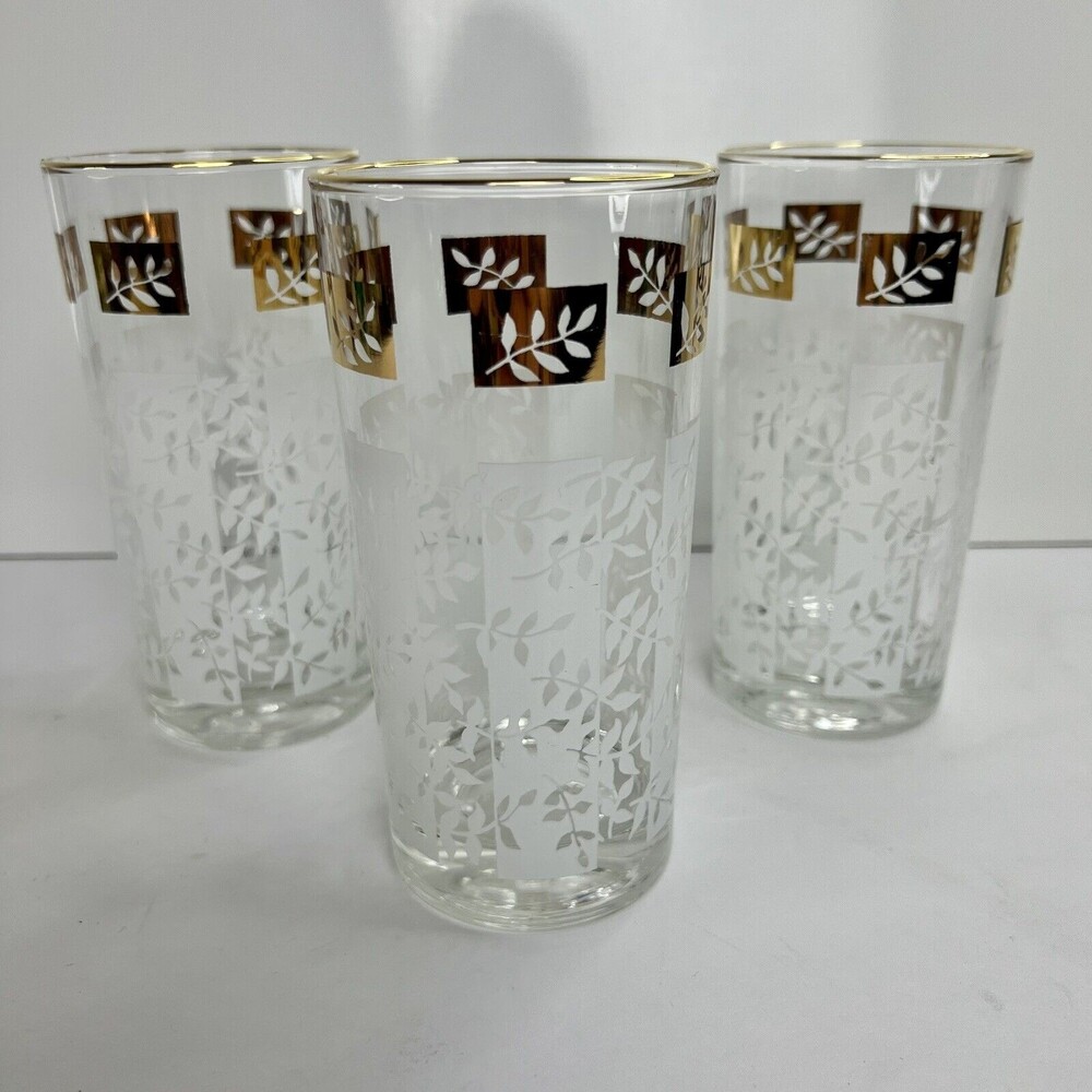 Vintage MCM Mid Century Gold Leaf and White Highball Glasses Set Of 3
